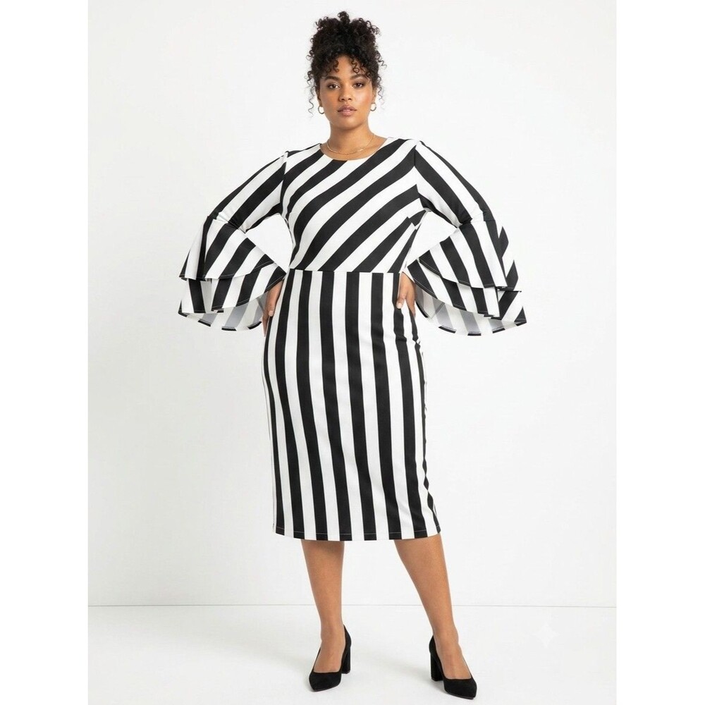 Eloquii Women's Plus Size 18 Scuba Belle Sleeves Black White Stripes Dress NWT